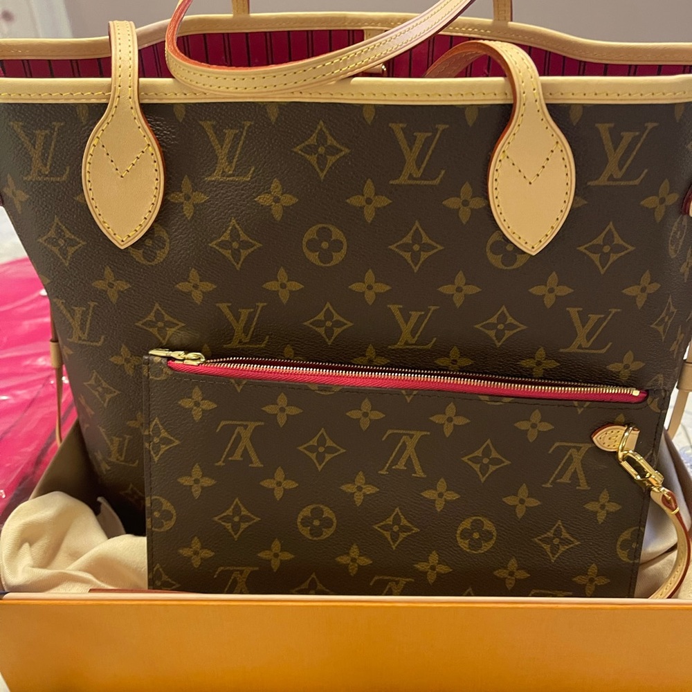 NIB 2021 Peony Pink Louis Vuitton Neverfull MM Monogram Bag Pouch & Organizer